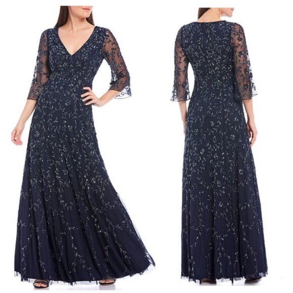 Aidan Mattox Navy Illusion Beads/Sequin Mesh Formal Dress w/WHBM Belt 8 NWT $548 - Picture 1 of 3